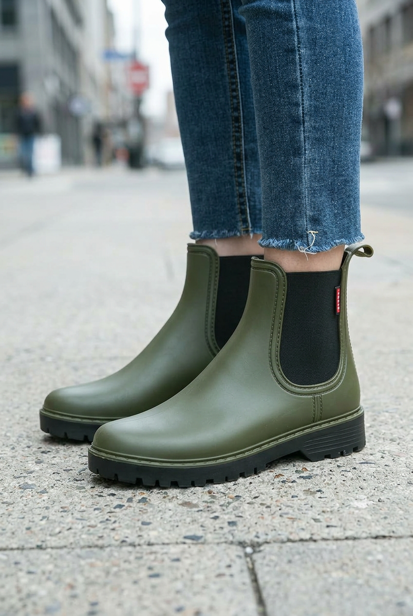 Green boots worn with blue jeans on a sidewalk