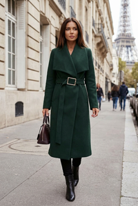 Green coat sidewalk portrait