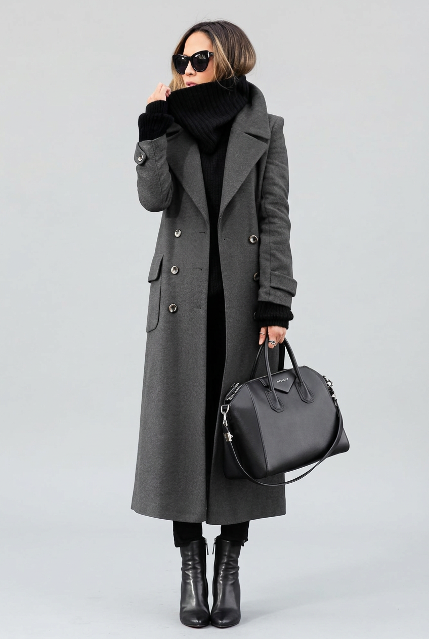 Grey full-length coat studio preview