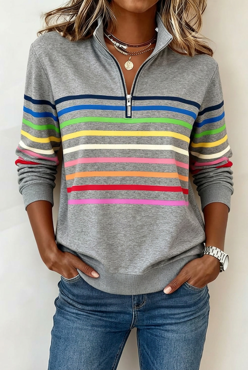 Grey Isla striped jumper in 2:3 portrait