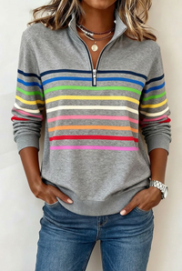 Grey Isla striped jumper in 2:3 portrait