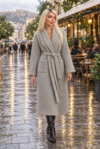 Grey Phoebe wrap coat in 2:3 portrait