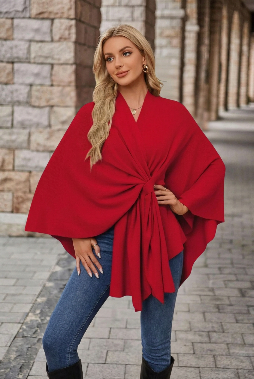 Winnie | Women's V-Neck Wrap Knot Poncho with Wide Sleeves