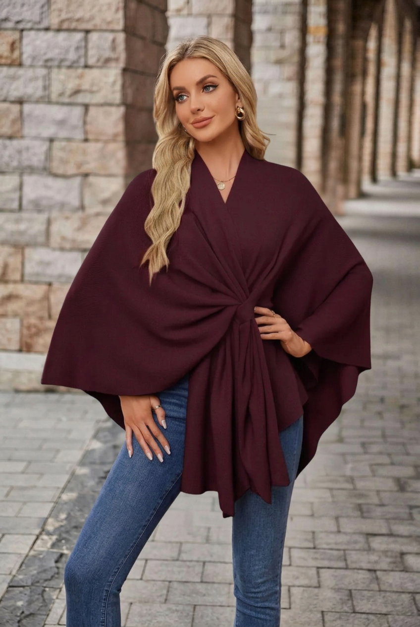 Winnie | Women's V-Neck Wrap Knot Poncho with Wide Sleeves