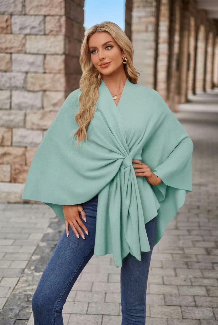 Winnie | Women's V-Neck Wrap Knot Poncho with Wide Sleeves