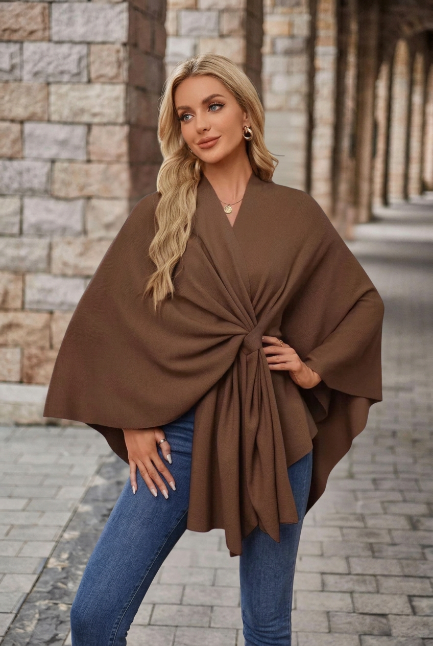 Winnie | Women's V-Neck Wrap Knot Poncho with Wide Sleeves