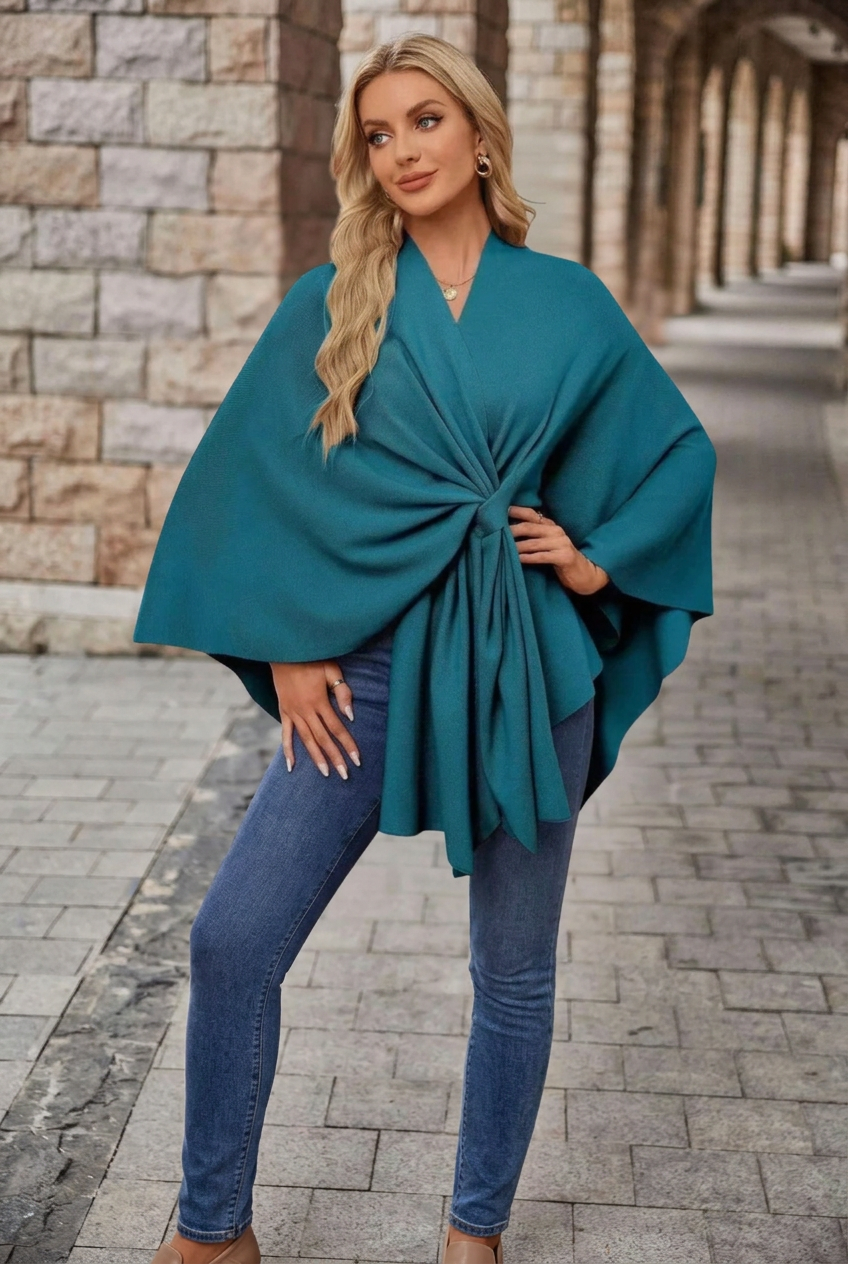 Winnie | Women's V-Neck Wrap Knot Poncho with Wide Sleeves