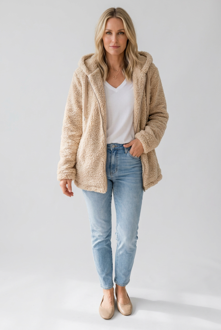 Kaela beige fleece coat studio preview