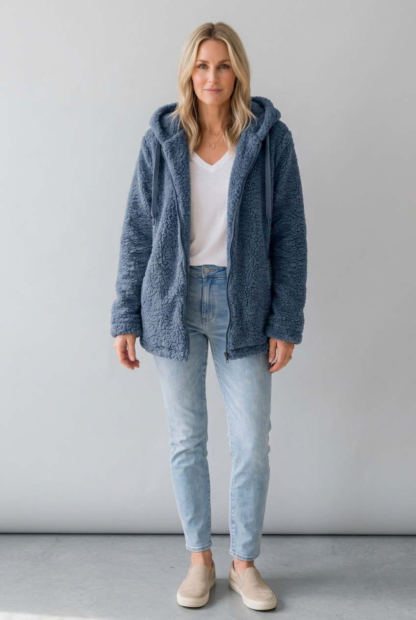 Kaela blue fleece coat studio preview