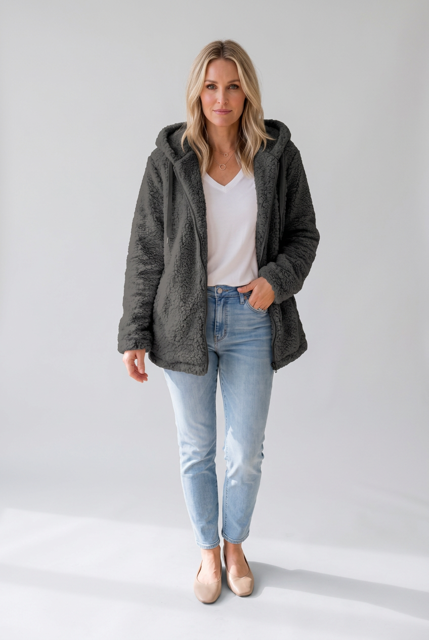 Kaela dark fleece coat studio preview