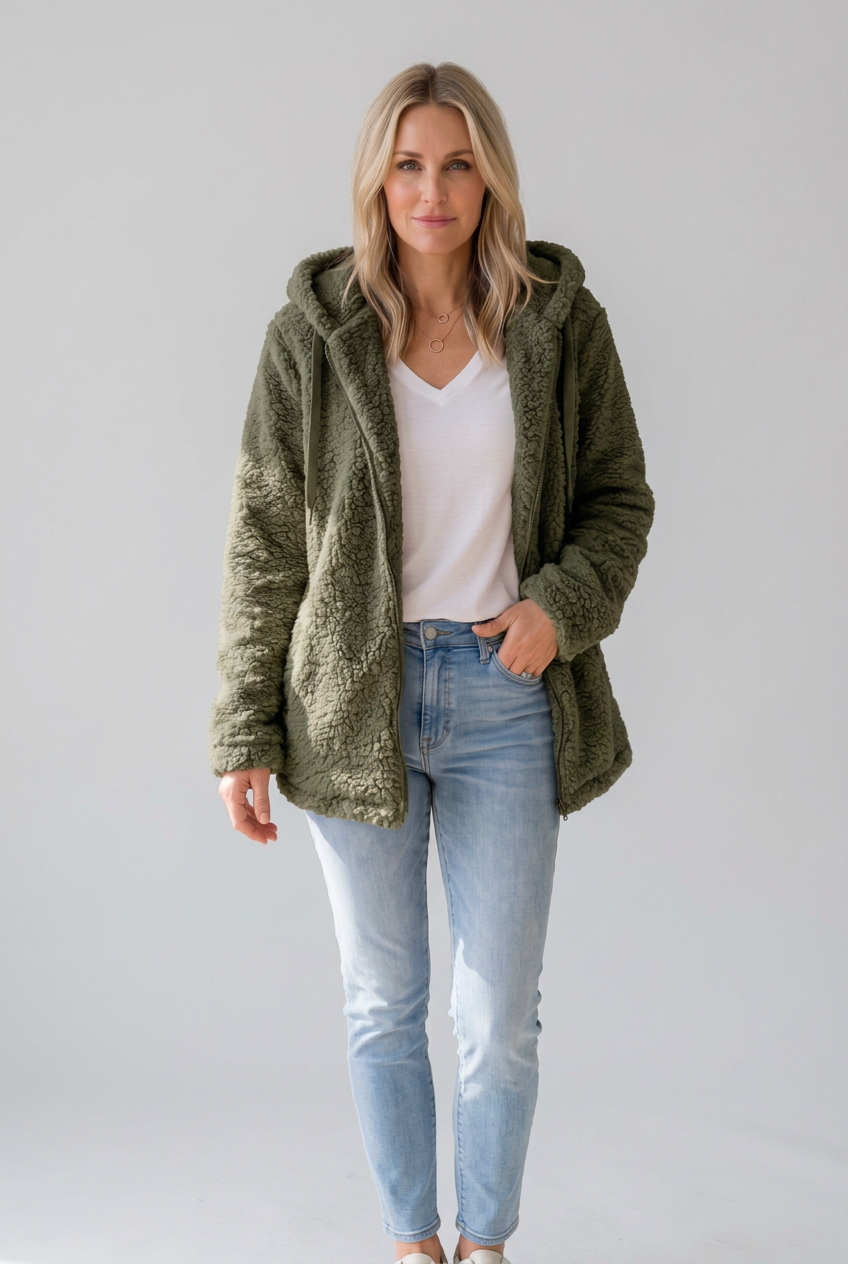 Kaela green fleece coat studio preview