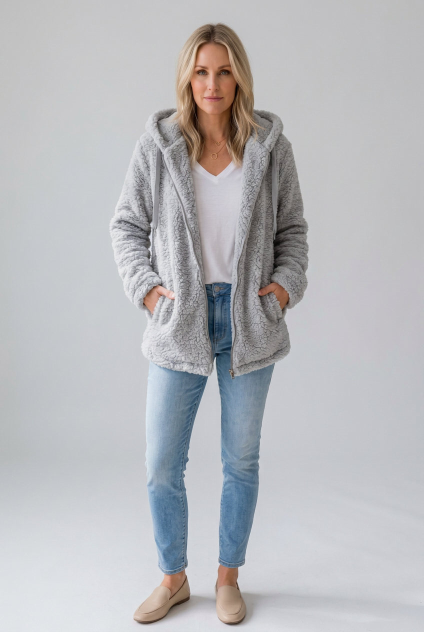 Kaela light-gray fleece coat studio preview
