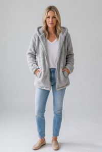 Kaela light-gray fleece coat studio preview