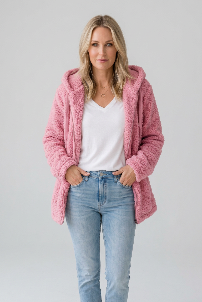 Kaela pink fleece coat studio preview