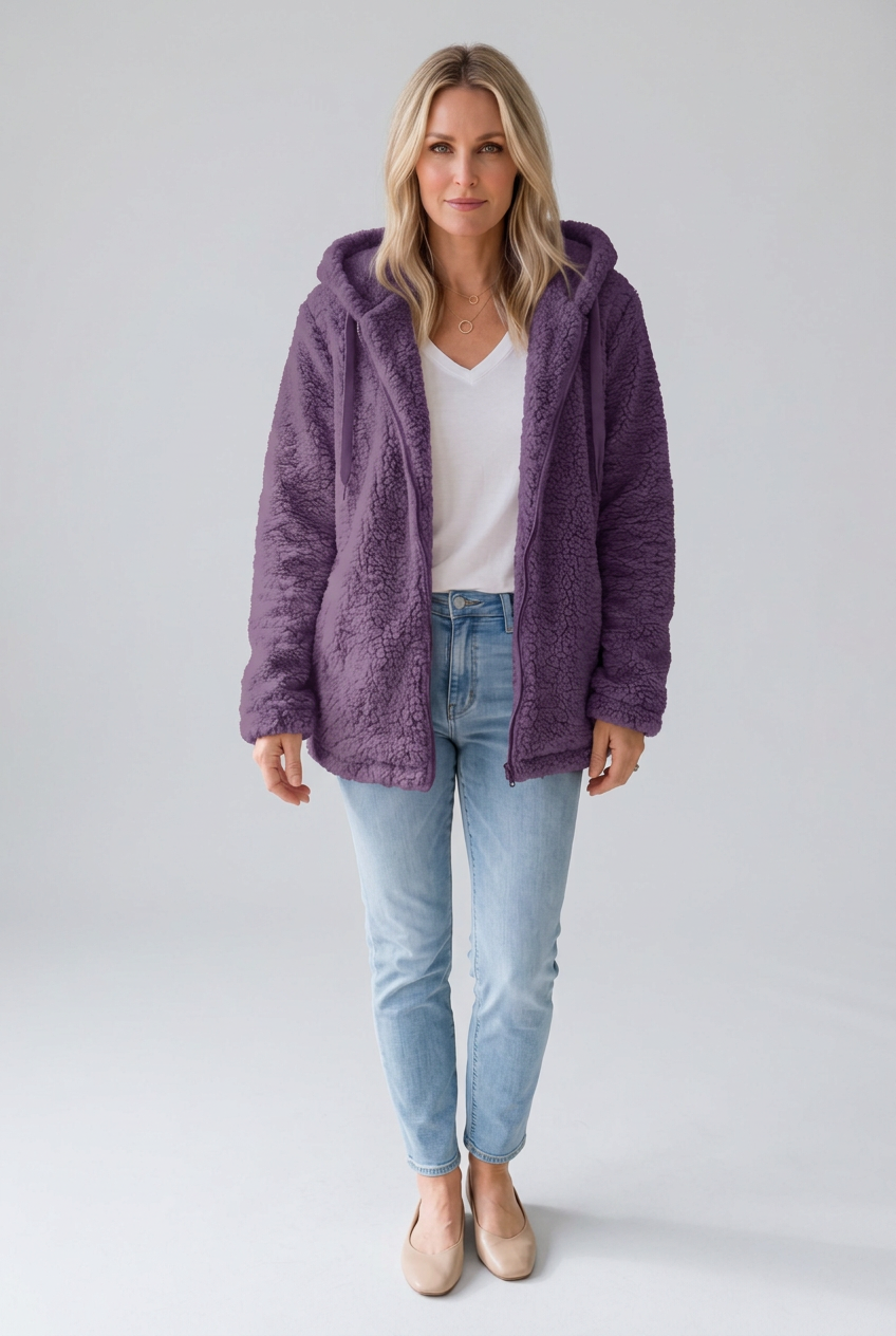 Kaela purple fleece coat studio preview