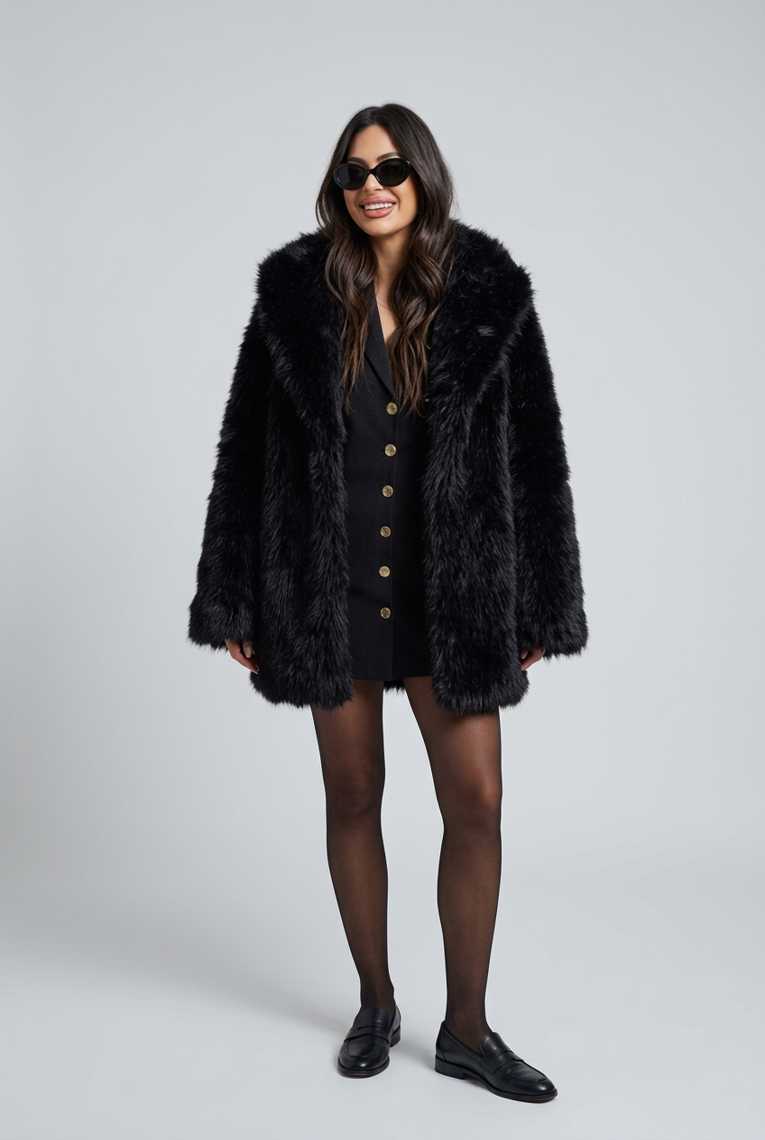 Kalyn black coat with sunglasses studio preview