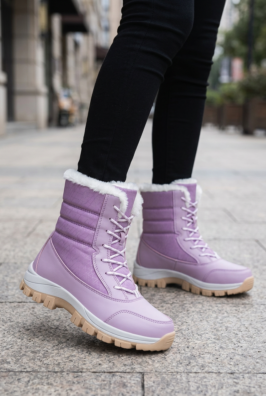 Lavender boots worn on a sidewalk