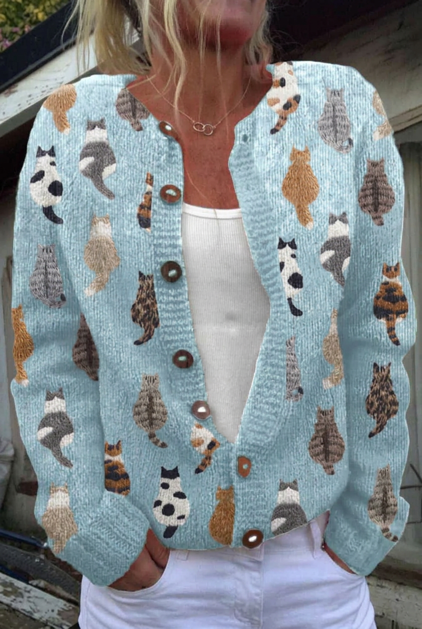 Light blue Maisie cat-print knit in 2:3 portrait