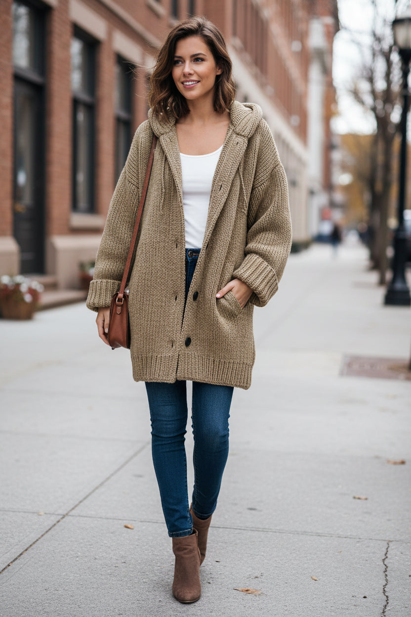 Long Hooded Cardigan With Relaxed Fit