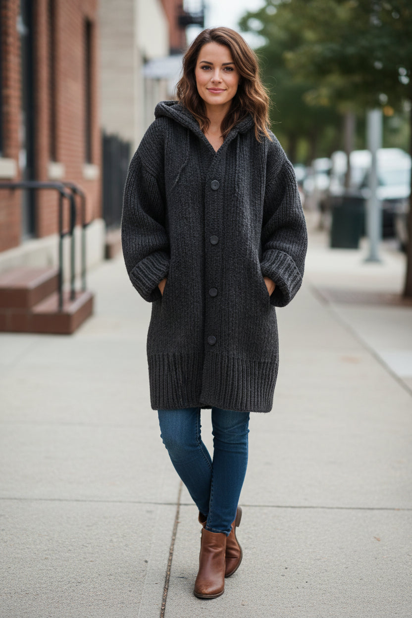 Long Hooded Cardigan With Relaxed Fit