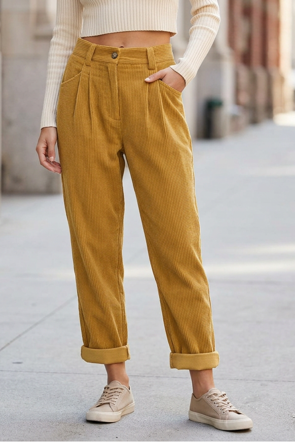 Mustard trousers on a sidewalk