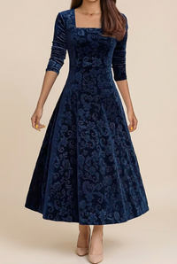 Navy blue Ada velvet dress in 2:3 portrait