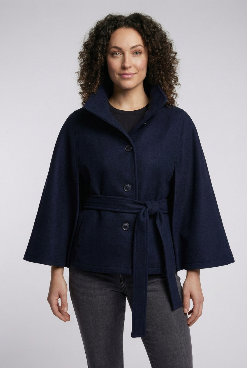 Navy-blue Martha belted wrap jacket on model