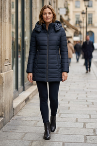 Navy coat sidewalk portrait