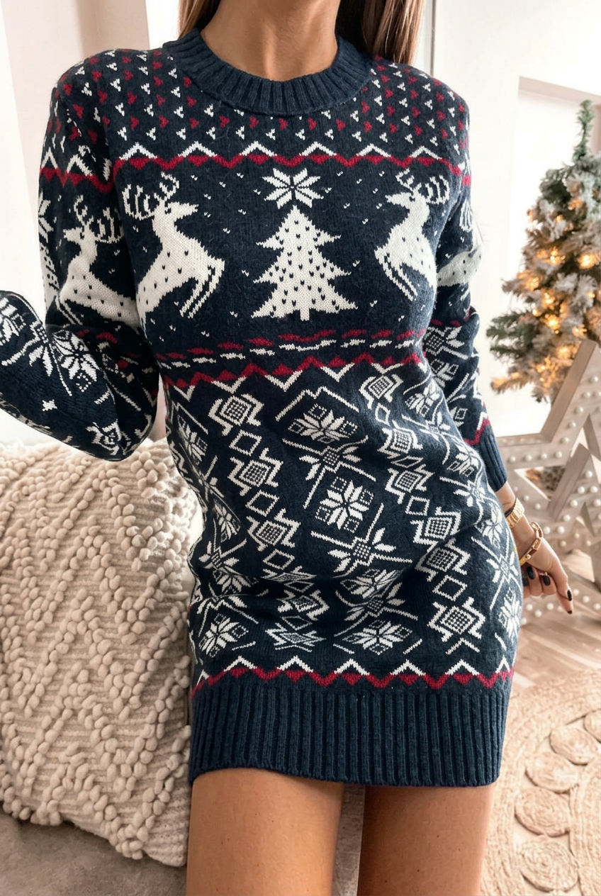 Navy Dora reindeer knit dress in 2:3 portrait