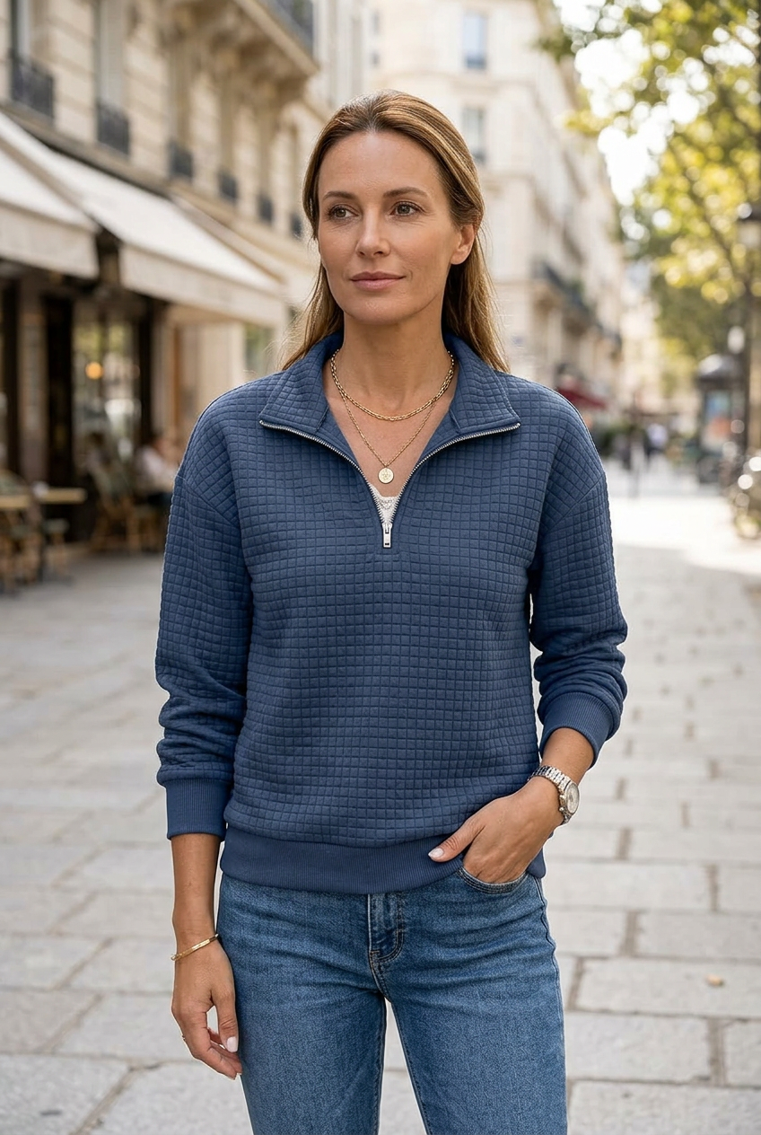 Navy sweatshirt sidewalk portrait