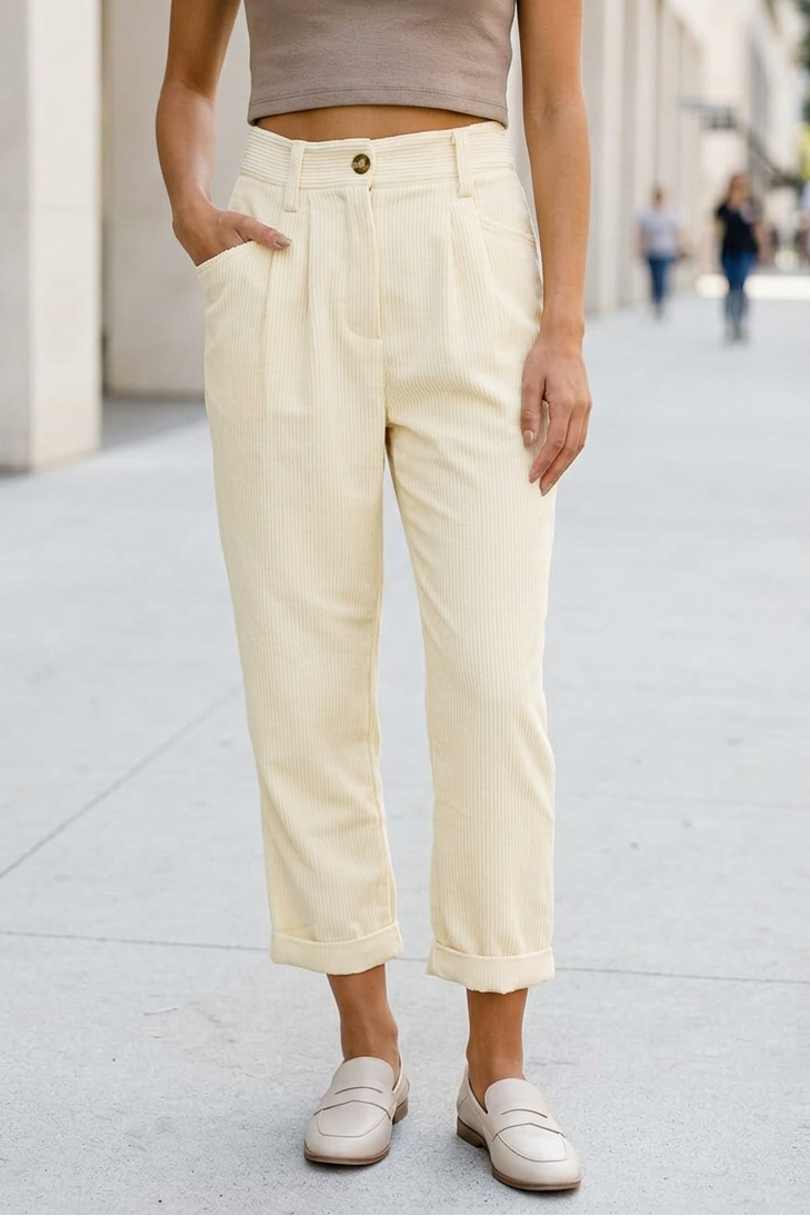 Off-white trousers on a sidewalk