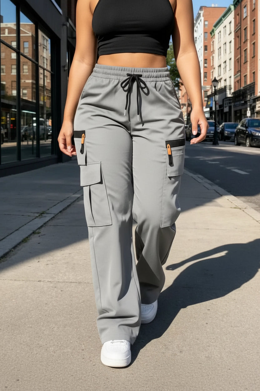 Wide-Leg Cargo Pants with Drawstring Waist