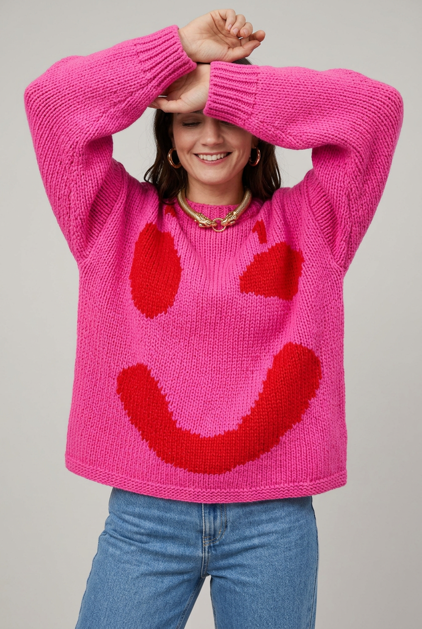 Pink and red smiley jumper studio preview