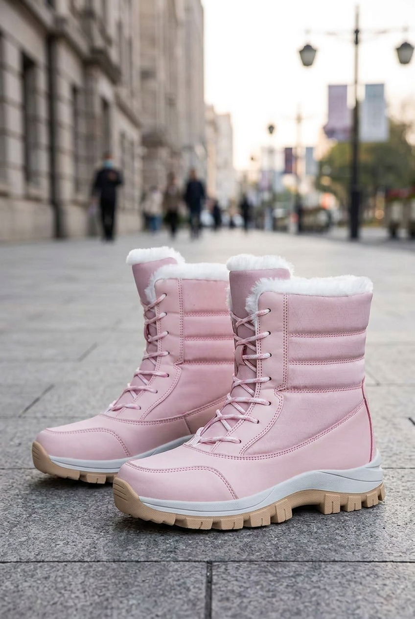 Pink boot pair on a sidewalk