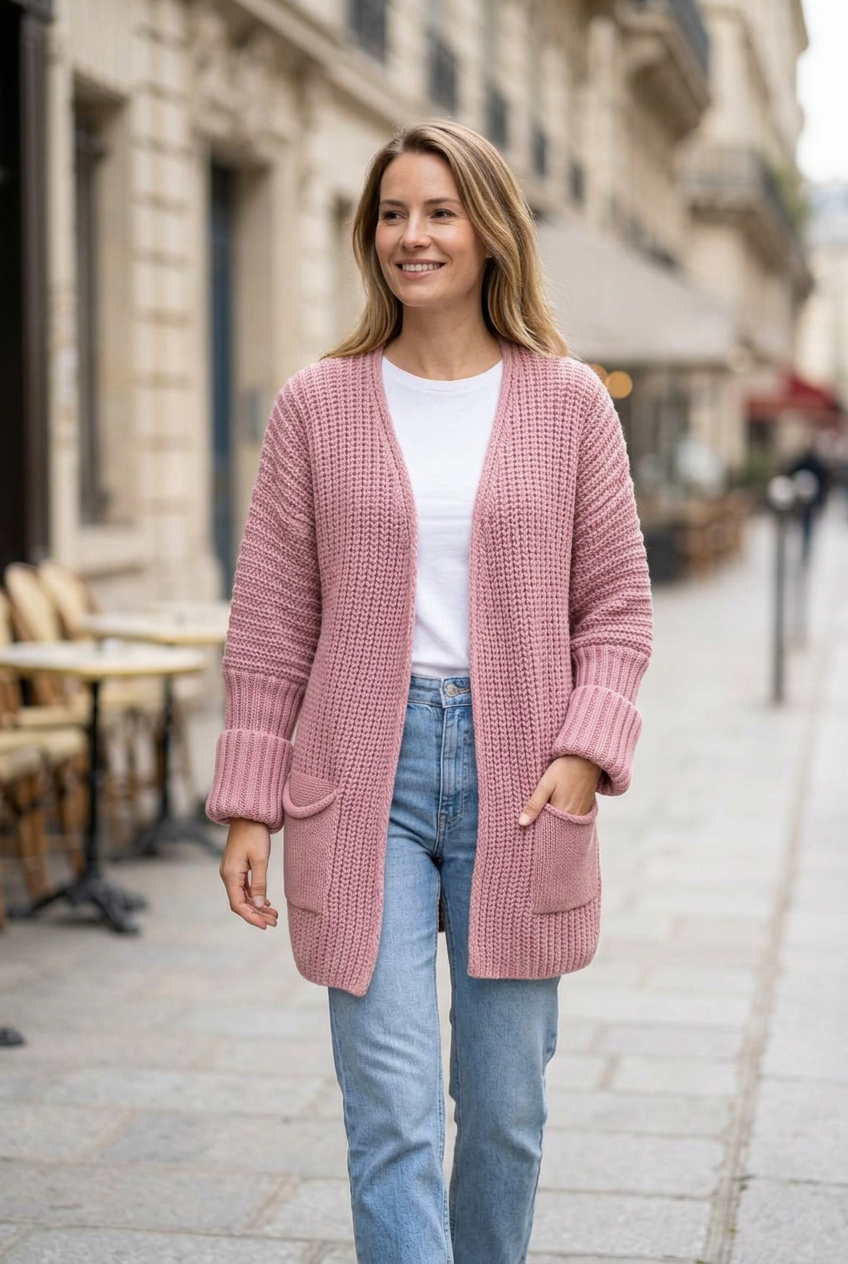 Pink cardigan sidewalk portrait