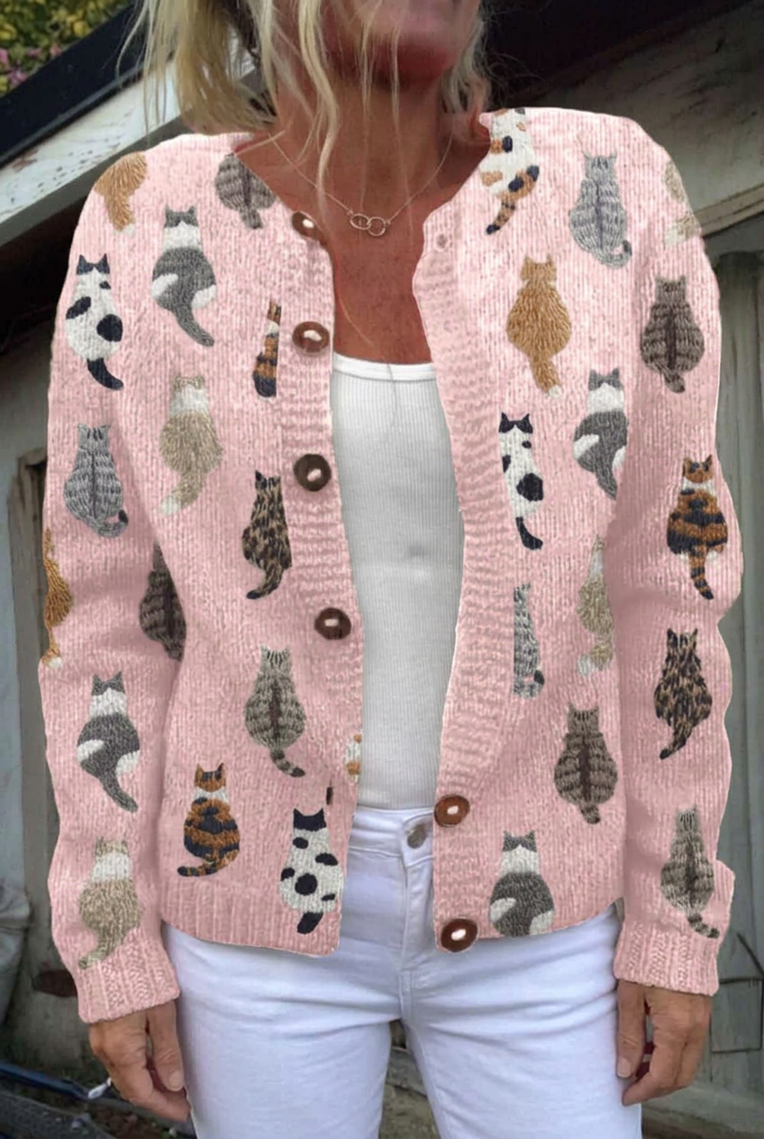Pink Maisie cat-print knit in 2:3 portrait