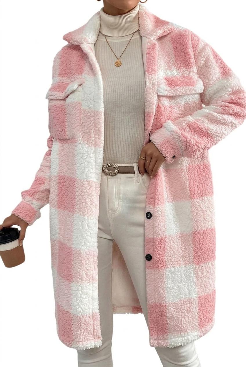 Pink plaid Ada coat, closer view
