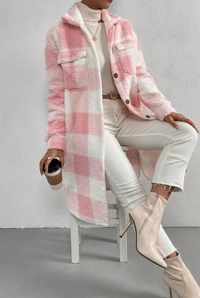 Pink plaid Ada coat, seated view