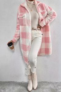 Pink plaid Ada coat, standing view