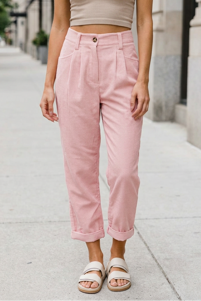 Pink trousers on a sidewalk