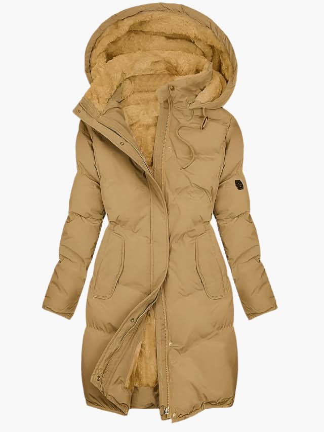 Evie | Women's Long Hooded Puffer Coat with Zip Front