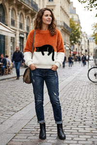 Charming Cat Print Pullover Sweater