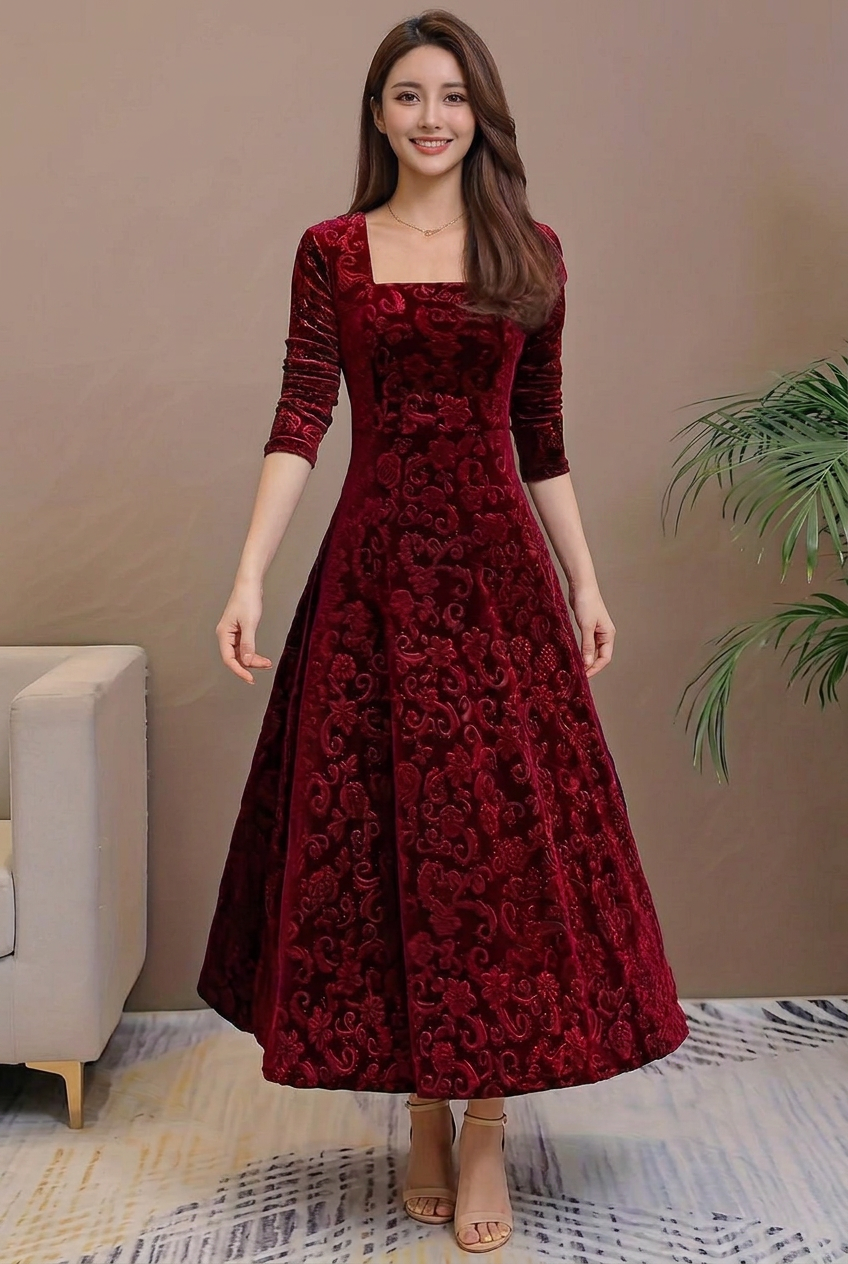 Red Ada velvet dress in 2:3 portrait