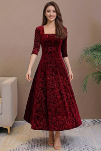 Red Ada velvet dress in 2:3 portrait