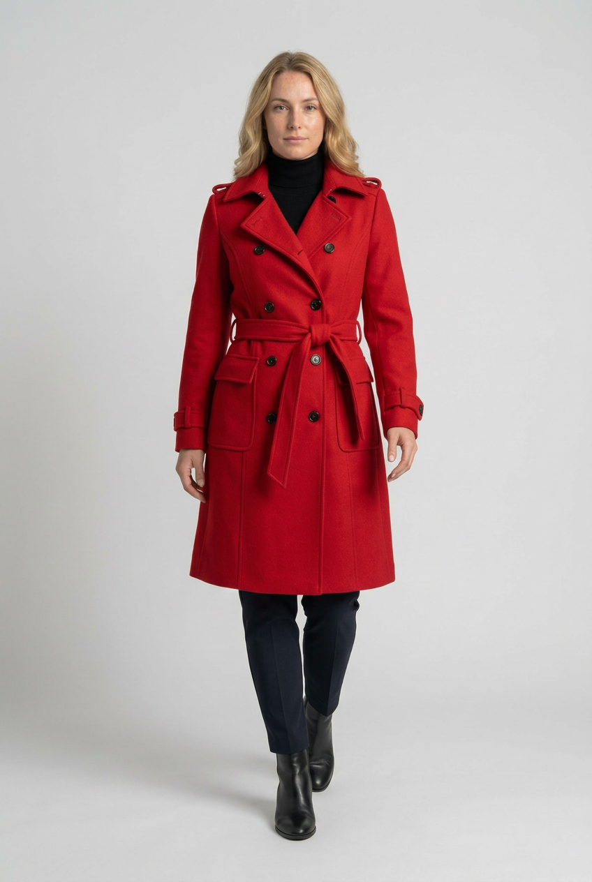 Red belted coat front studio preview
