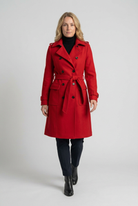 Red belted coat front studio preview