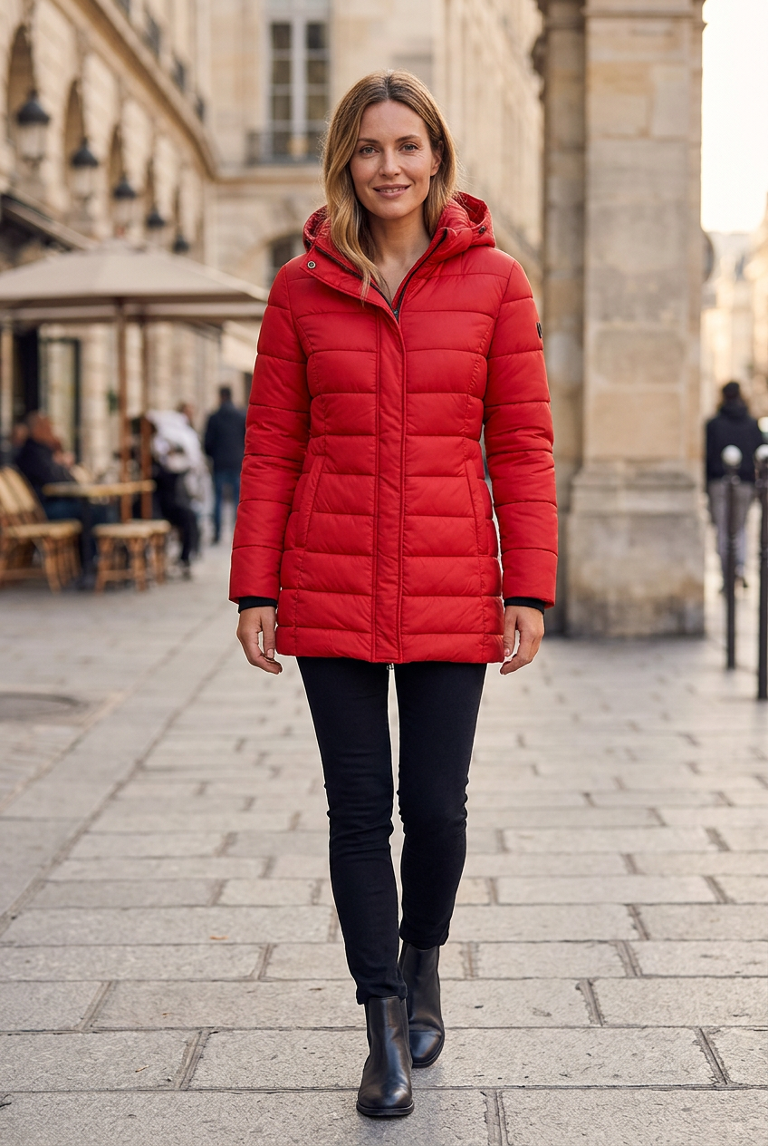 Red coat sidewalk portrait