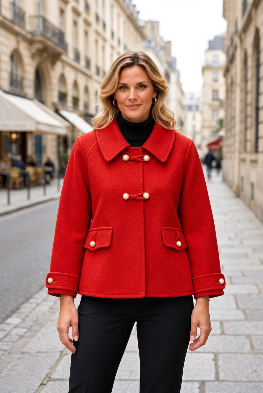 Red coat sidewalk portrait