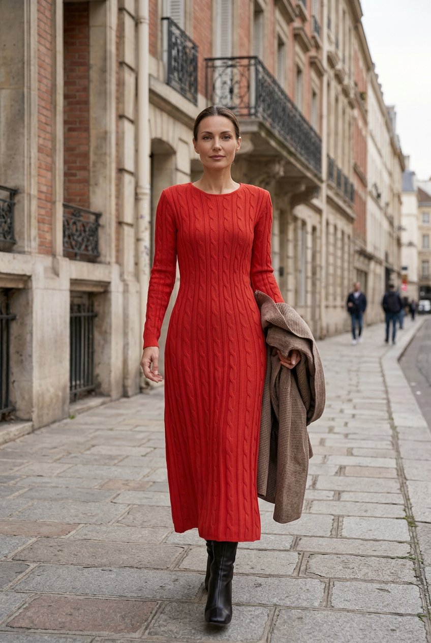 Red dress sidewalk portrait