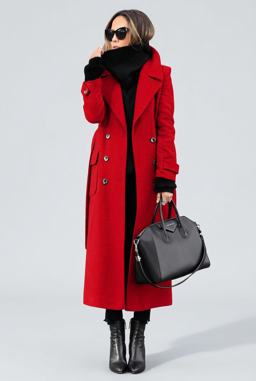 Red full-length coat studio preview